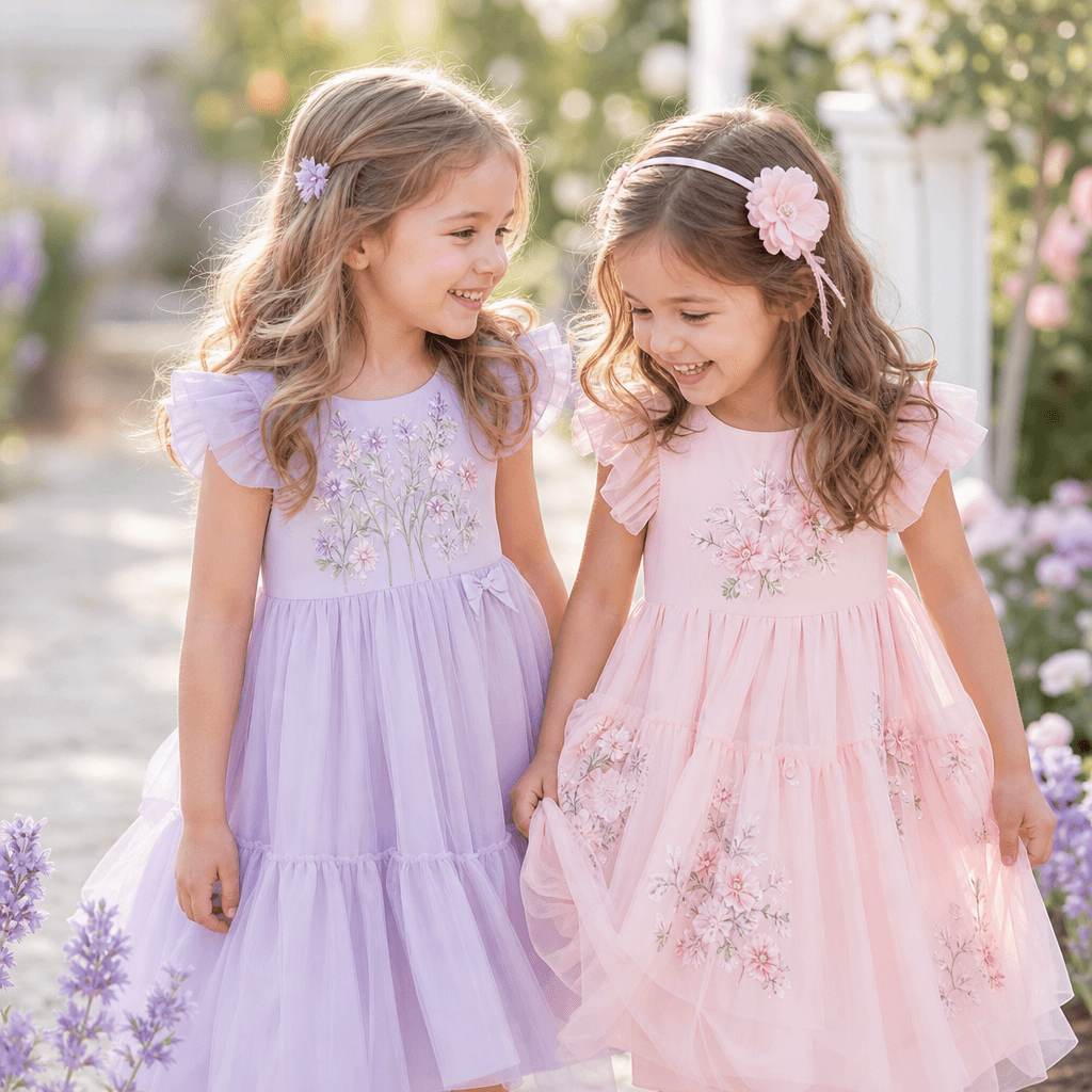 Happy children wearing Lavenderblue Kids dresses