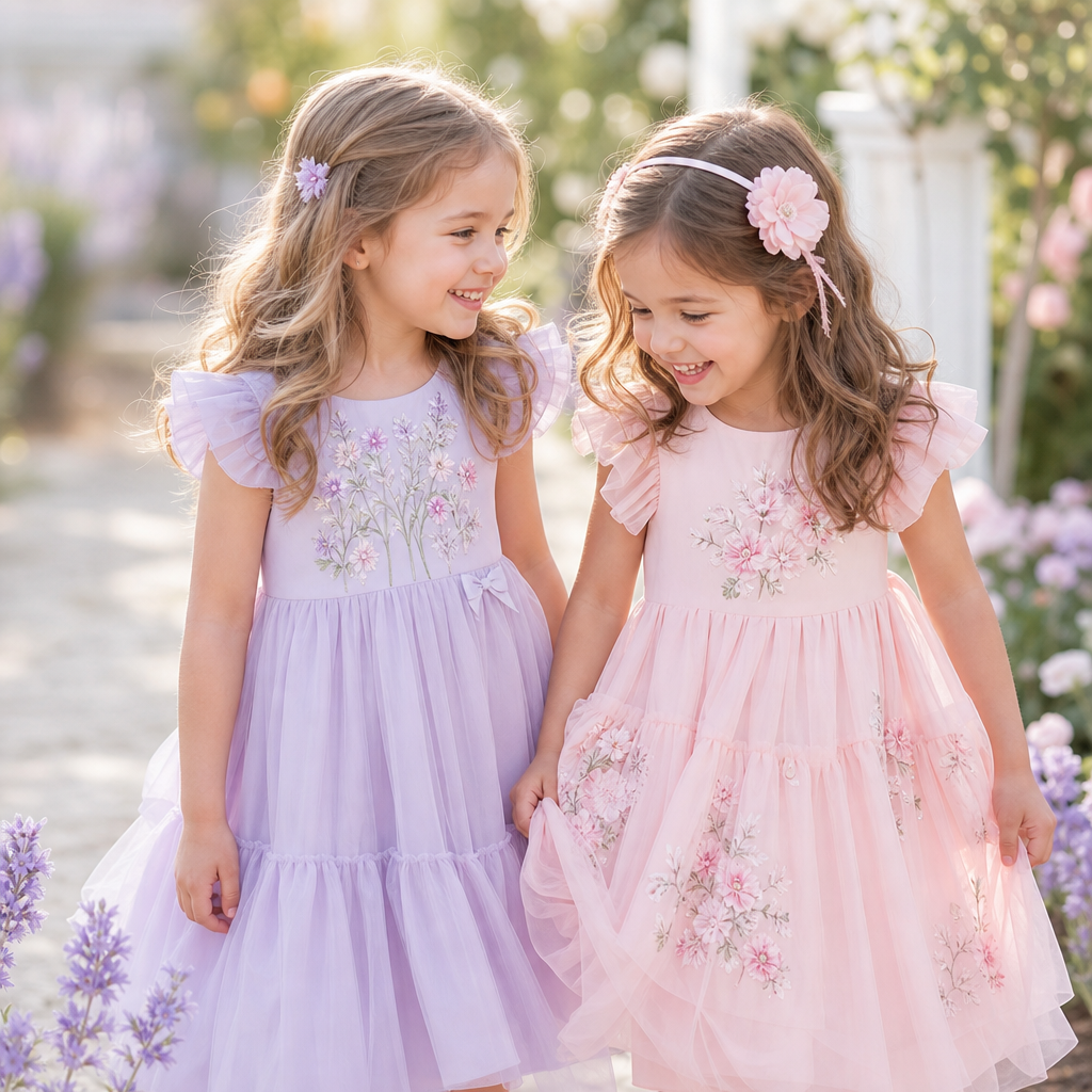 Happy children wearing Lavender Blue Kids dresses